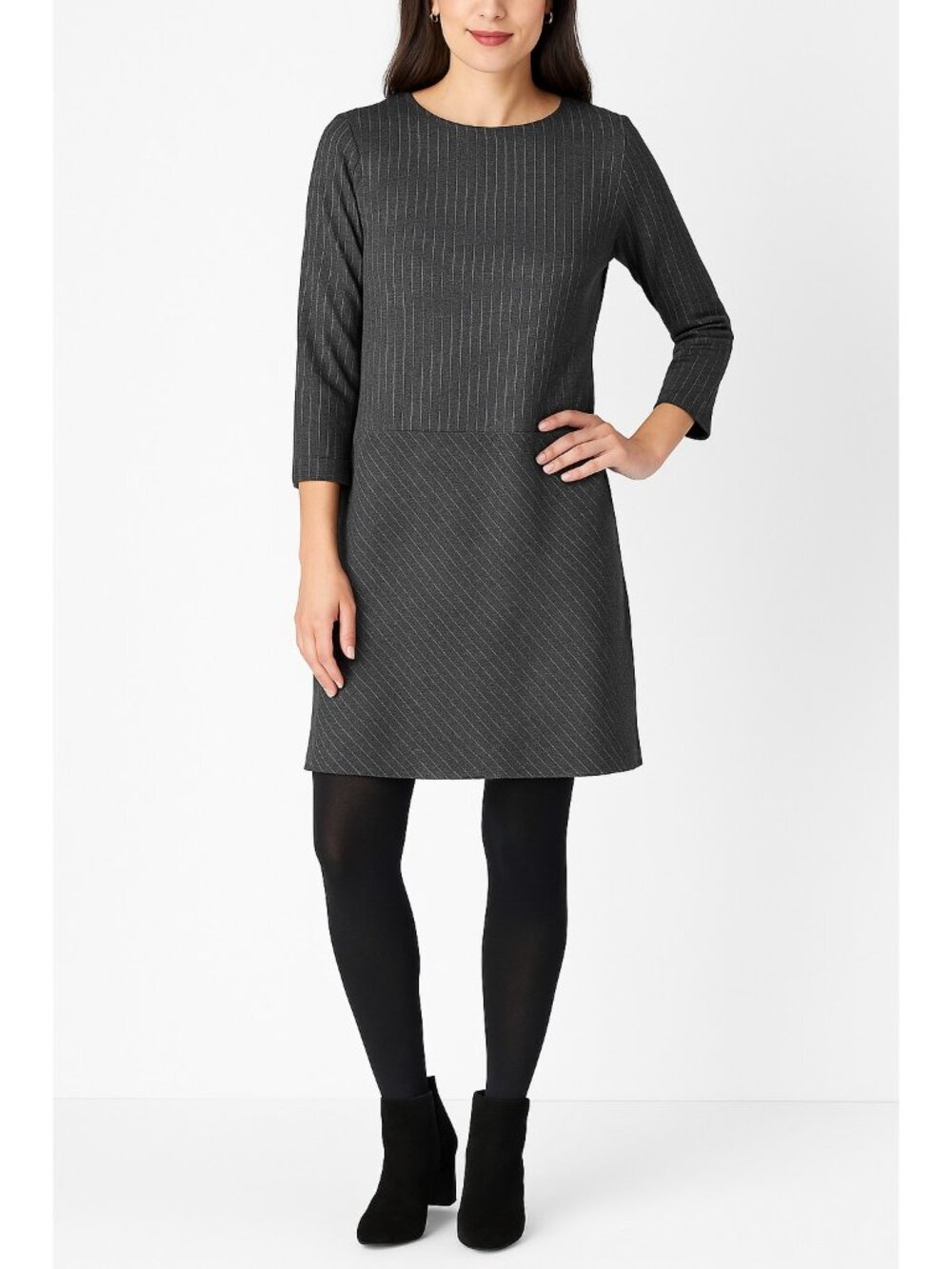 J.Jill Ponte Pinstripe Shift Dress Gray 3/4 Sleeve L Petite Stretch Knit Stretch